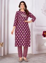 Rayon Silk Wine Casual Wear Hand Work Kurti With Pant